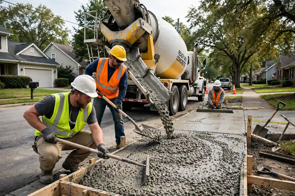 Workers pouring concrete sidewalk in a Columbus Ohio neighborhood - concrete price per yard ohio