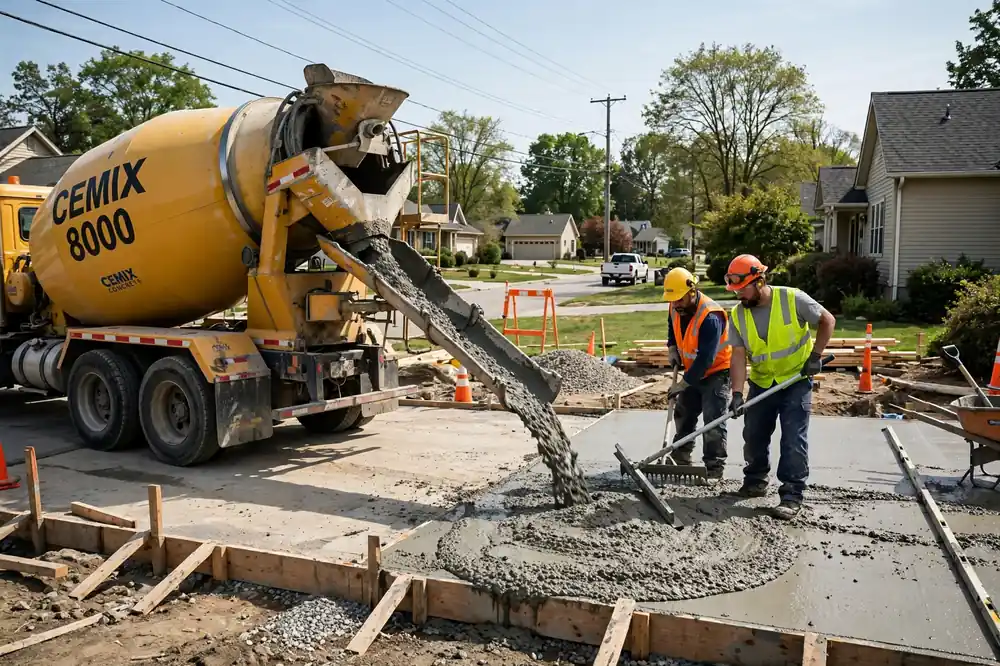 Concrete mixer truck pouring concrete for a driveway in Columbus Ohio