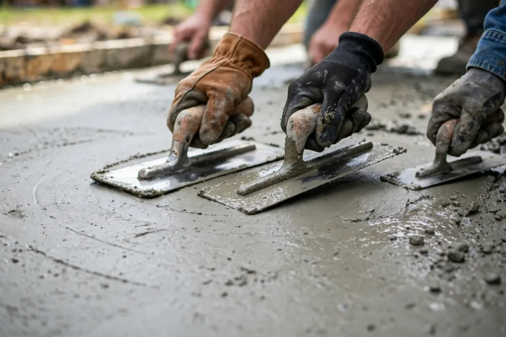 Workers finishing fresh concrete driveway surface